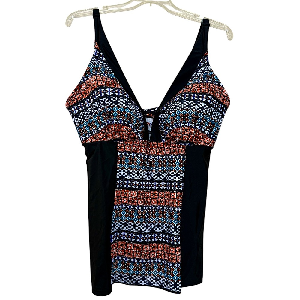 NWT Swim by Cacique black coral turquoise white purple ethic print swim top 22